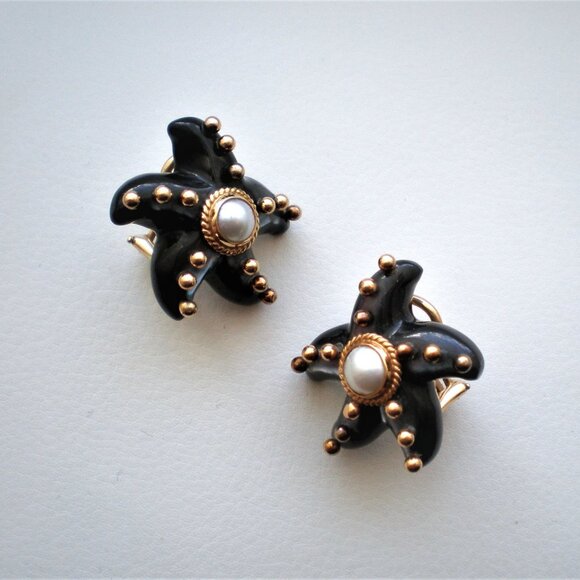 MAZ 14K Yellow Gold Abalone Black MOP Pearl Seastar Starfish Omega Back Earrings - Picture 2 of 8